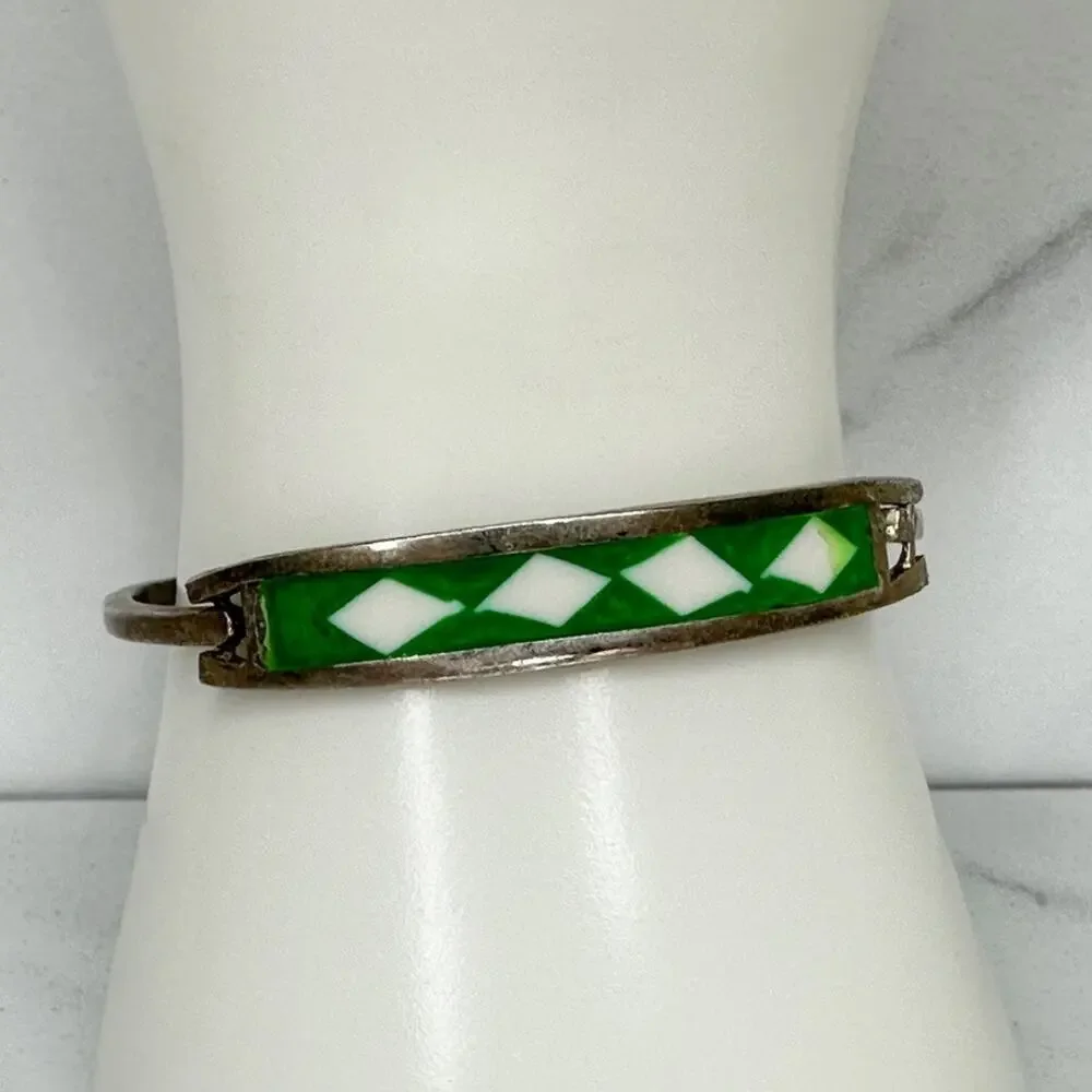 Alpaca Mexico Vintage Green White Diamond Pattern Inlay Hinged Bangle Bracelet ✨